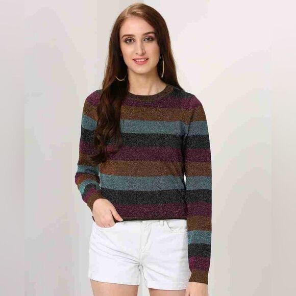 Forever 21 Contemporary Size Large Striped Round Neck Multicolor Sweater - Picture 3 of 12